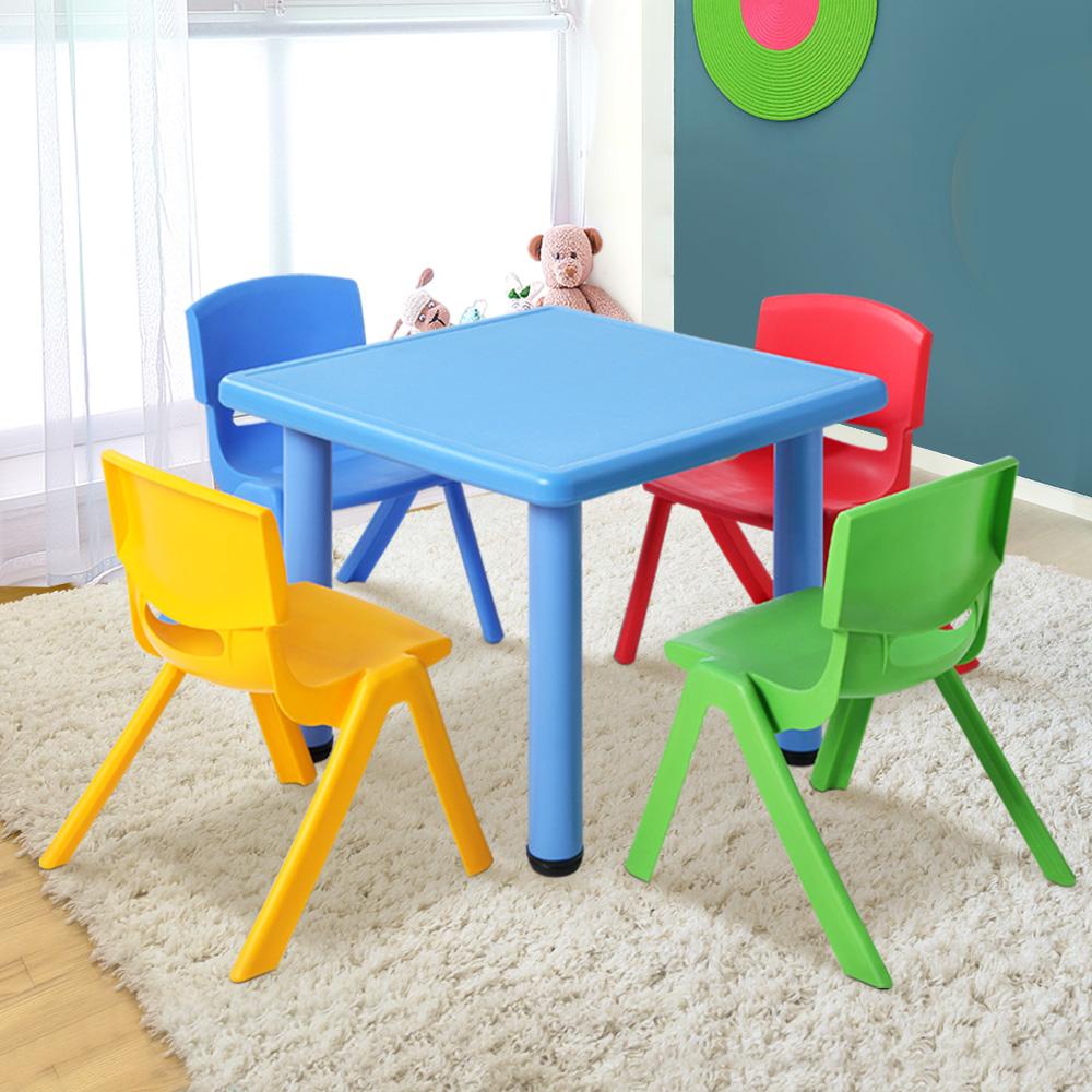 Keezi 5 Piece Kids Table and Chair Set in Blue with colorful chairs, designed for durability and safety for children.